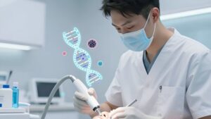 Гигиенист использует высокотехнологичный аппарат, демонстрируя тренды Air Flow в 2026 году для очистки зубов