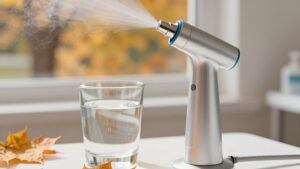 Профессиональный насадок для чистки Air Flow на фоне осенних листьев для подготовки улыбки